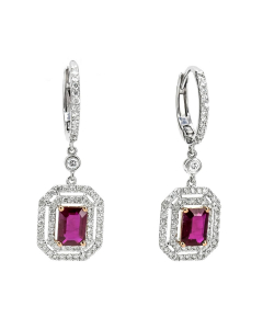 White & Rose Gold Emerald Cut Ruby & Double Pave Diamond Halo Drop Earrings