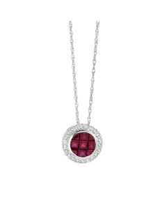 White Gold Ruby & Diamond Halo Pendant Necklace