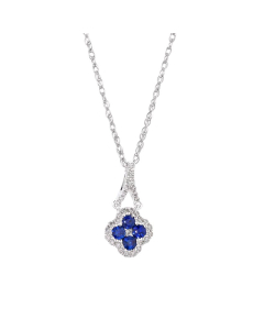 Clover Shaped Sapphire Pendant Necklace with Diamond Surround and Bail