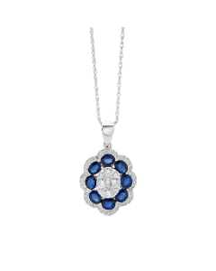 Oval Diamond Cluster & Blue Sapphire Pendant Necklace
