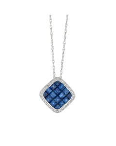 White Gold Blue Sapphire Cluster & Pave Diamond Halo Pendant Necklace