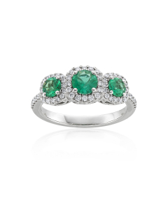 Emerald Three Stone Ring with Diamond Halos