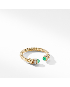 David Yurman Petite Helena Open Ring with Emeralds and Diamonds, size 6
