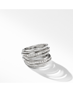 David Yurman Crossover Sterling Silver Wide Ring with Diamonds, size 7