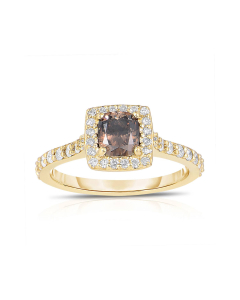 Yellow Gold Cushion Cut Brown Diamond & White Diamond Halo Ring