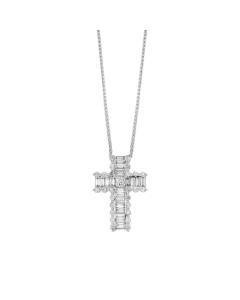 Baguette Diamond Cross Pendant Necklace with Round Diamond Accents
