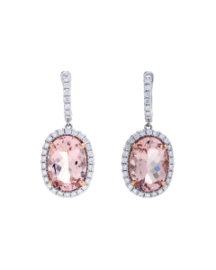 White & Rose Gold 10.25 Carat Morganite & Pave Diamond Halo Drop Earrings