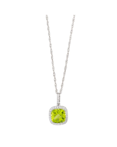 White Gold Cushion Cut Peridot & Diamond Halo Pendant Necklace