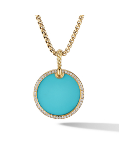 David Yurman DY Elements Disc Pendant in 18k Yellow Gold with Turquoise and Pave Diamond Rim