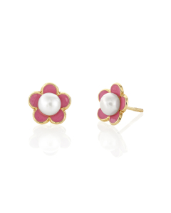 Child's Pearl and Pink Enamel Flower Earrings