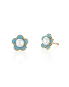 Child's Pearl and Blue Enamel Flower Earrings