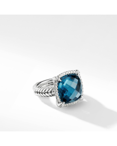 David Yurman Chatelaine Pave Bezel Ring with Hampton Blue Topaz and Diamonds, Size 6