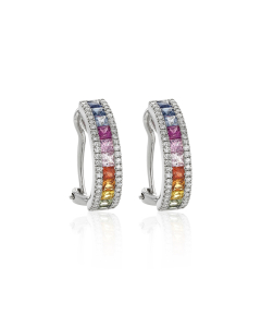 White Gold Multi-Colored Sapphire & Diamond Hoop Earrings