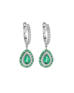 White Gold Emerald & Diamond Halo Teardrop Earrings