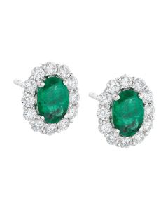 White Gold Oval Emerald & Diamond Halo Post Earrings