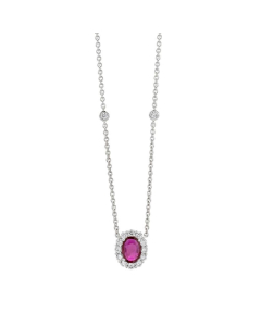Oval Gemstone Pendant Necklace with Diamond Halo and Diamond Station Chain