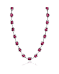 White Gold Oval Ruby & Diamond Bar Necklace