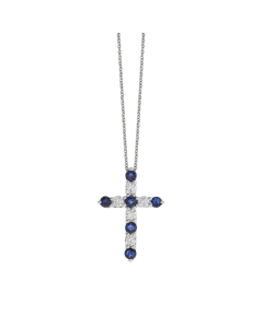 White Gold Round Sapphire & Diamond Cross Pendant Necklace