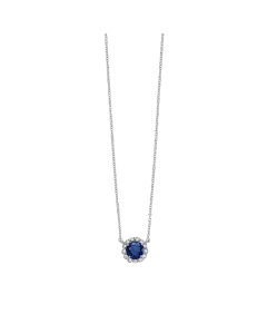 White Gold Round Sapphire & Diamond Halo Pendant Necklace