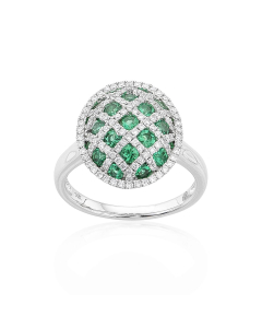 White Gold Round Emerald & Diamond Latticework Ring