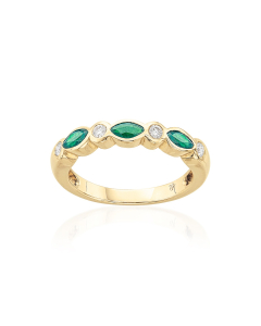 Yellow Gold Marquise Emerald & Round Diamond Band