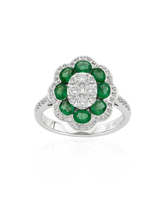 White Gold Diamond Cluster & Oval Emerald Flower Ring