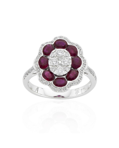 White Gold Diamond Cluster & Oval Ruby Flower Ring