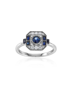 Vintage inspired White Gold Blue Sapphire & Diamond Ring