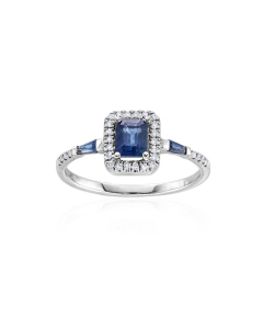 White Gold Emerald Cut Sapphire & Diamond Halo Ring