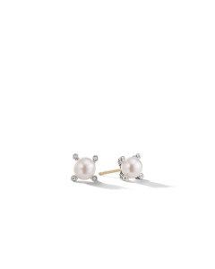 David Yurman Pearl Stud Earrings in Sterling Silver with Pearls and Diamonds, 7.4mm