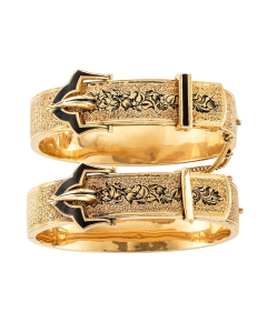 14K Yellow Gold Victorian Estate Bracelet Pair | Buckle Design & Fine Enamel Work | Circa 1870's American | Front View