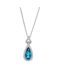 White Gold Pear Shaped Aquamarine & Diamond Halo Pendant Necklace