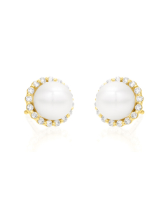 Pearl and Diamond Halo Post Earrings
