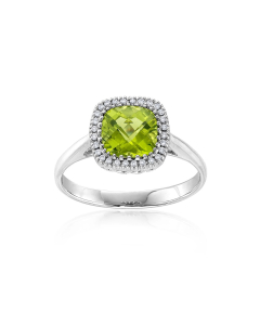 Cushion Cut Peridot & Diamond Halo Ring in White Gold