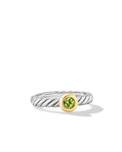 David Yurman Petite Cable Ring in Sterling Silver with 14K Yellow Gold and Peridot, Size 6
