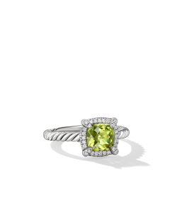 David Yurman Petite Chatelaine Pave Bezel Ring in Sterling Silver with Peridot and Diamonds, Size 5.5