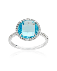 White Gold Round Blue Topaz & Diamond Halo Ring